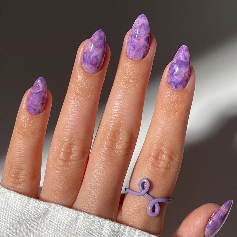 

Purple Ombre Wearable Nail Art Patches - 24 Removable Medium-Long Teardrop False Nails UV Gel Kit