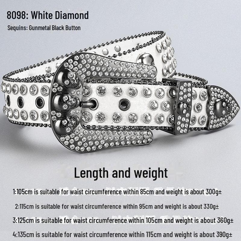 Curea de lux cu cataramă cu strasuri și craniu închis la culoare, cu paiete și diamante