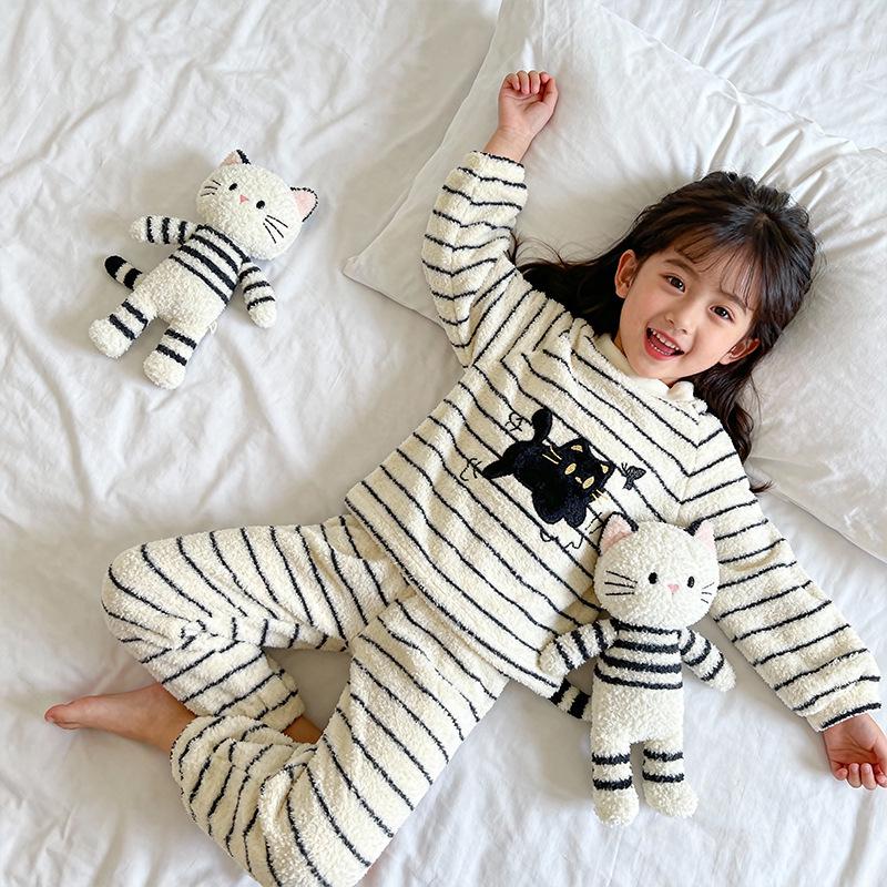 Children's Coral Fleece Pajama Set: Boys' Long-Sleeve & Pants, Girls' Thick Warm Winter Homewear.