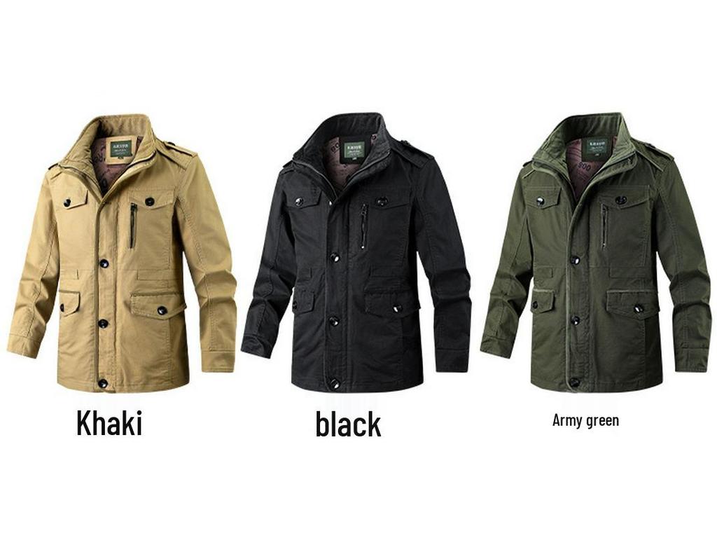 Europäische Herren Baumwoll-Windbreaker Jacke - Frühling/Herbst, Mittleren Alters, Dünn, Lässiger Arbeitskleidungsstil