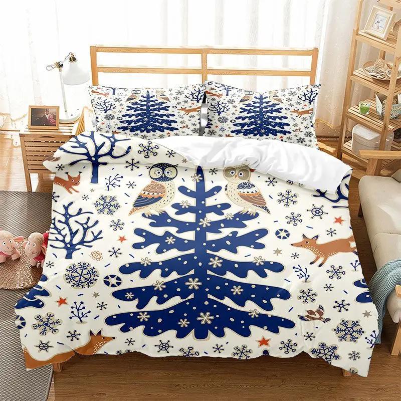 3D Print Snowflake TreeOwlFox Christmas Quilt Cover+Pillowcases Deer Rhino Bedroom Bedding For Teen Boy Girls Single Double