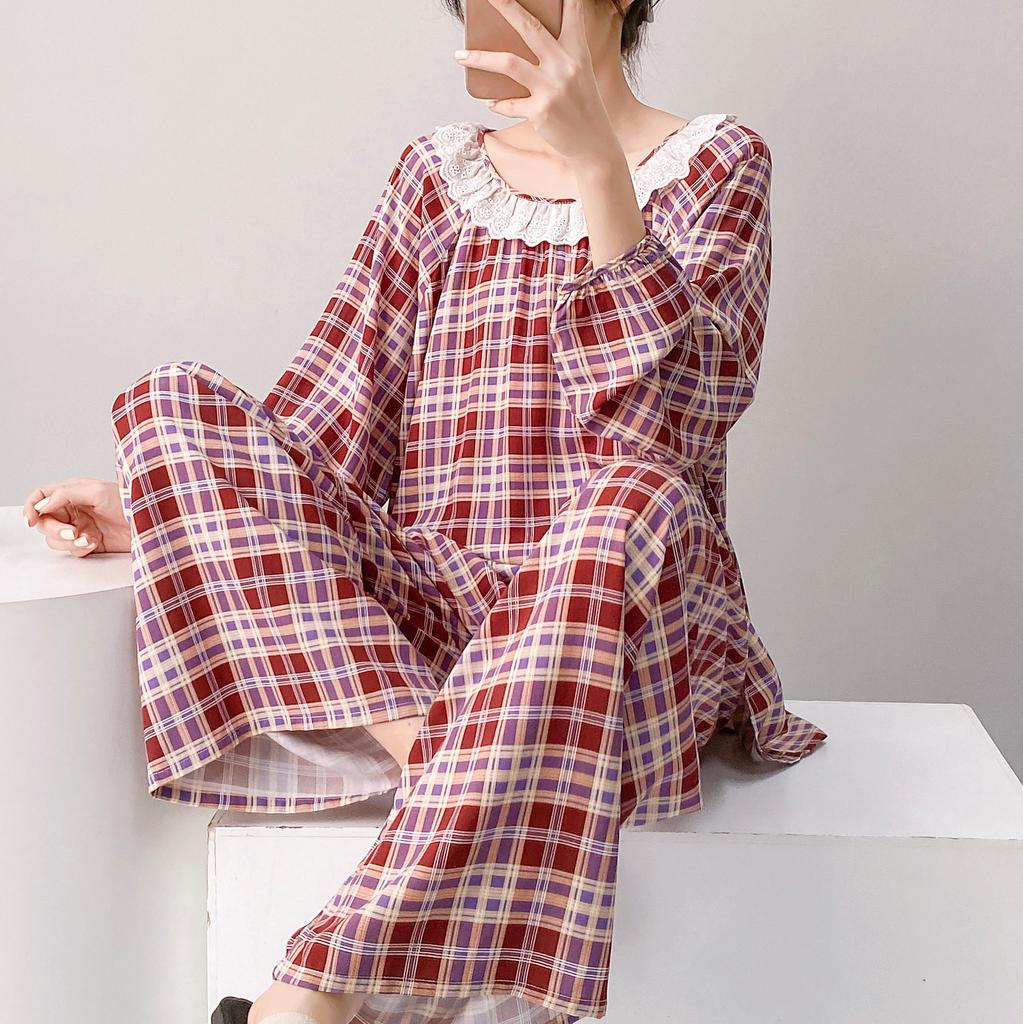 Spring and Summer New Plaid Printing Crew Neck Lace Long-sleeved Trousers Pajamas Set Women's Loungewear Loose Spot