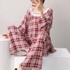 Spring and Summer New Plaid Printing Crew Neck Lace Long-sleeved Trousers Pajamas Set Women's Loungewear Loose Spot