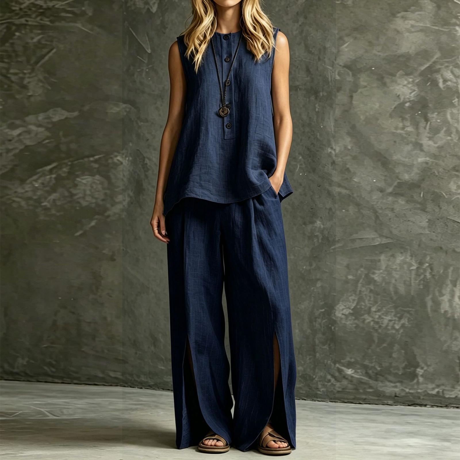 

Women s Sleeveless Shirt and Wide Leg Pants Two Piece Set Loose Fit Casual Outfit Lightweight Fabric Comfortable Design XL