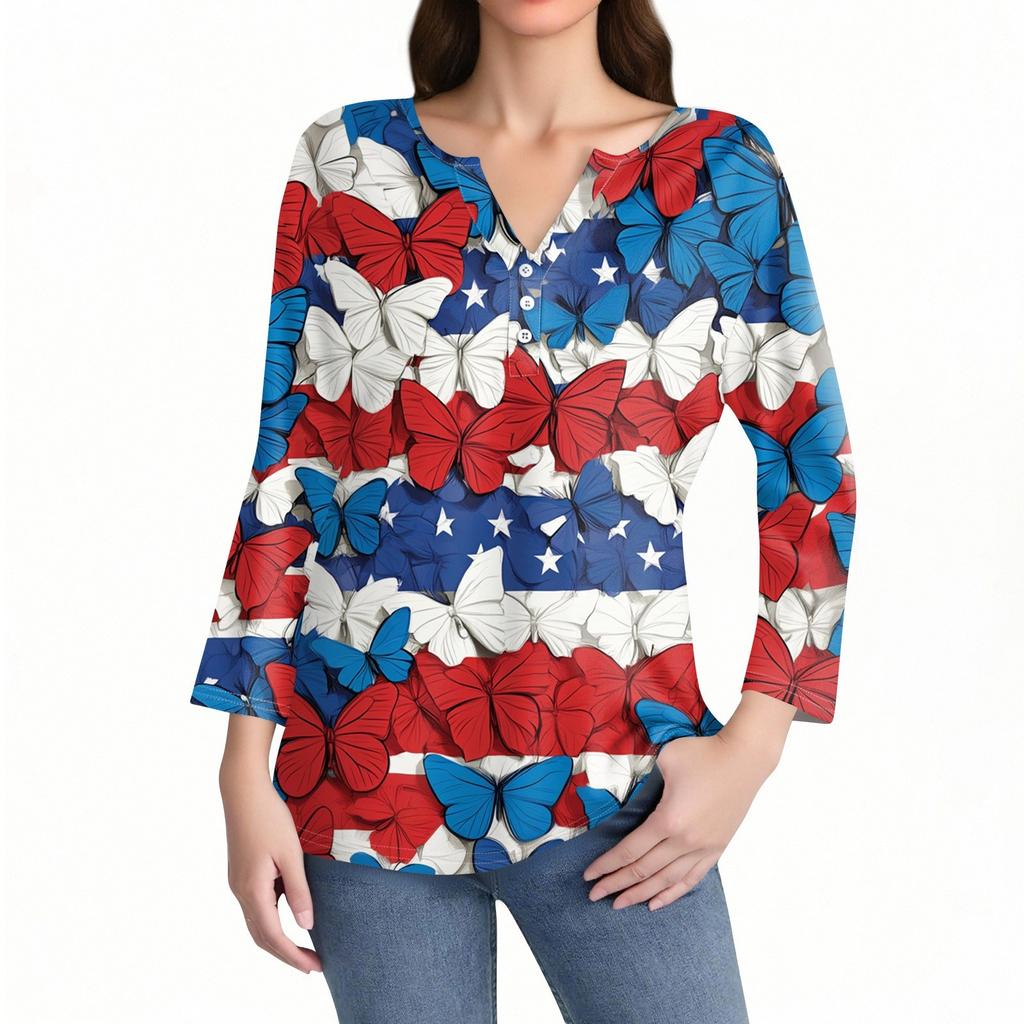 Women's T Shirt Print Button 3/4 Sleeve Daily Weekend Fashion Basic V- Neck Regular Top