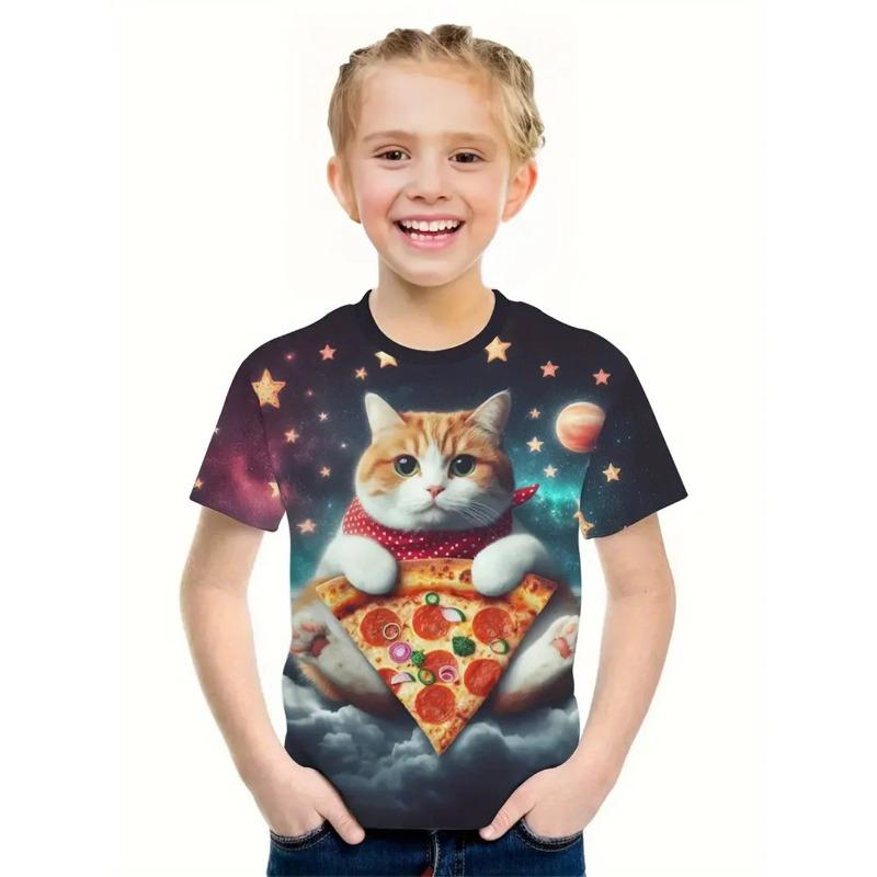 Letní tričko s kulatým výstřihem a 3D potiskem kočky, módní a ležérní dětské dívčí tričko s krátkým rukávem