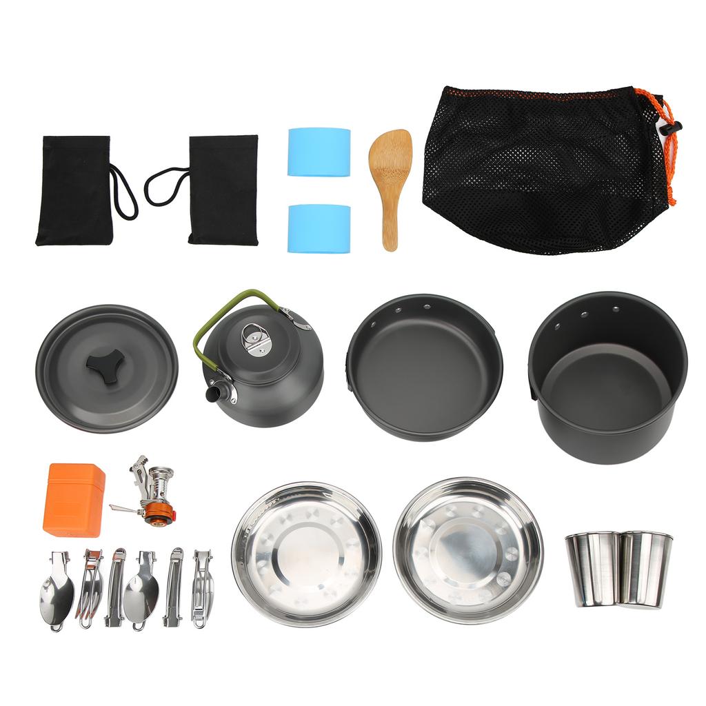 Kempingowy Zestaw Naczyń z Lekkim Garnkiem, Kuchenką, Sporkiem i Siatkową Torbą do Przenoszenia na Backpacking, Kemping na Świeżym Powietrzu, Wędrówki