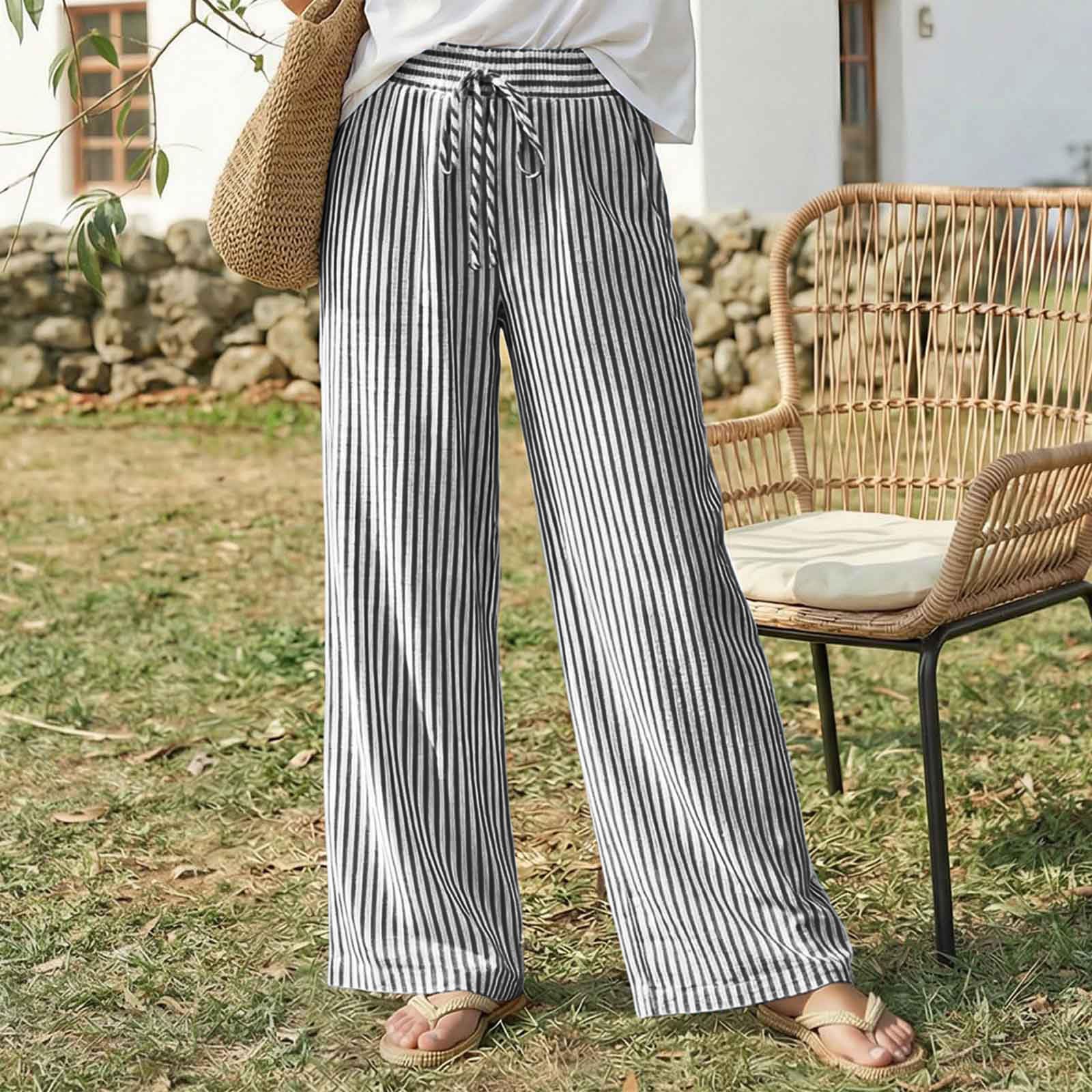 Women s Casual Loose Fit High Waist Pants with Pockets, Cotton Linen Trousers M