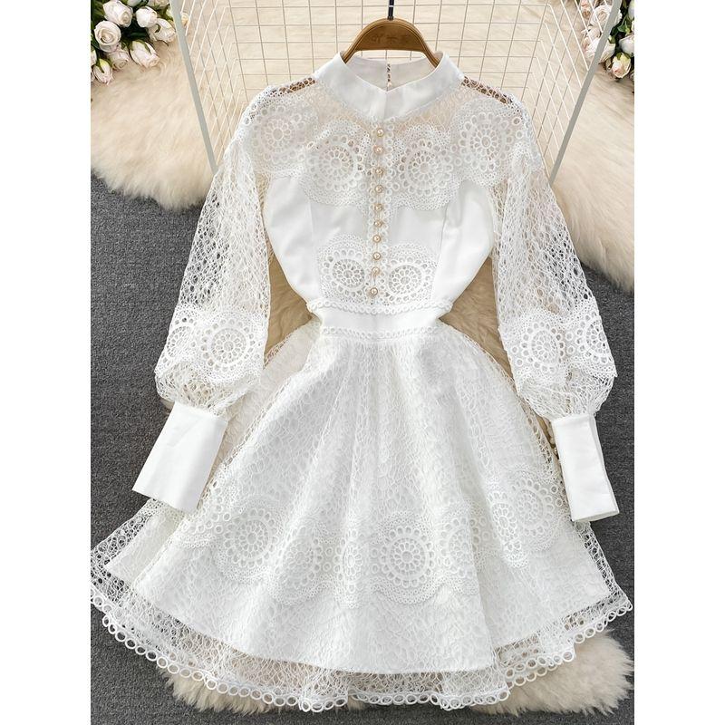 Retro Long Sleeves Stand Collar Crochet A- line Dress Lace