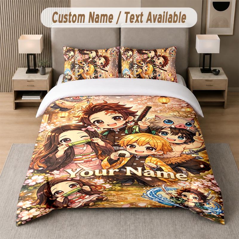 Demon Slayer 3Pcs Bedding Set, Personalized Custom Name Text, 1 Duvet Cover & 2 Pillowcases For Bedroom
