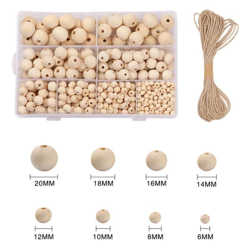 Set of 485 Bulk Natural Wooden Beads Set Assorted Sizes Round Bead with Storage Box DIY Crafts Jewelry Making Supplies