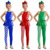 Girls Festive Christmas Jumpsuit Sleeveless Open Back High Waist Peplum Design Stripes Sequins Candy Cane Costume