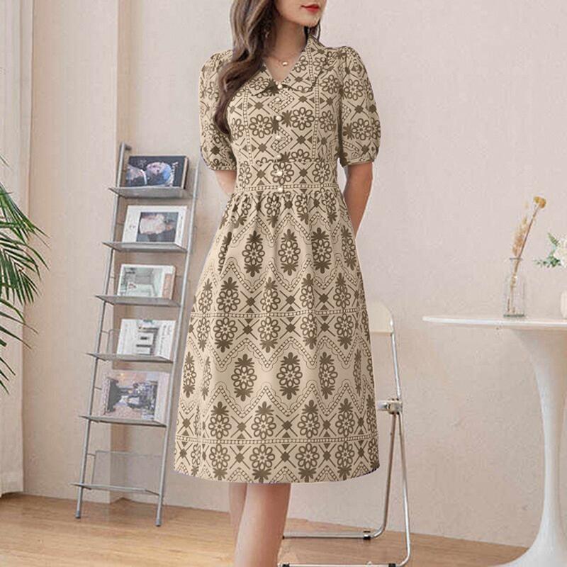 

ZANZEA Женское повседневное летнее платье с отложным воротником и коротким рукавом с принтом S хаки