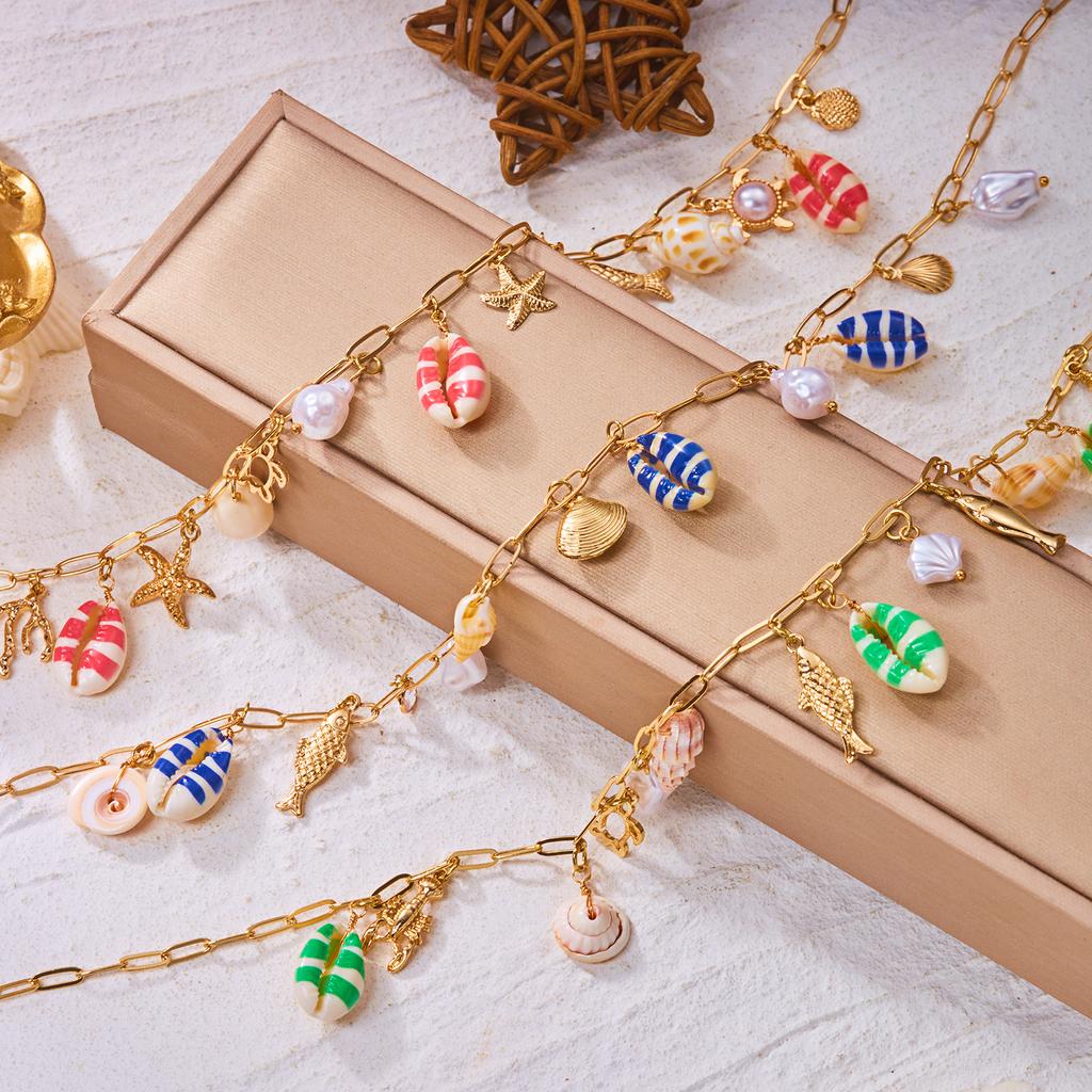 Boho Buntes Muschel Halskette Für Frauen Gold Farbe Seestern Muschel Jakobsmuschel Perlen Anhänger Choker Sommer Strand Urlaub Resort Schmuck