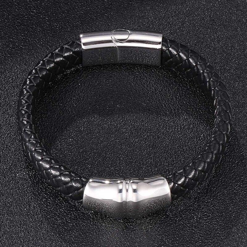Handmade Men's Genuine Leather Bracelet – Braided Stainless Steel With Magnetic Buckle