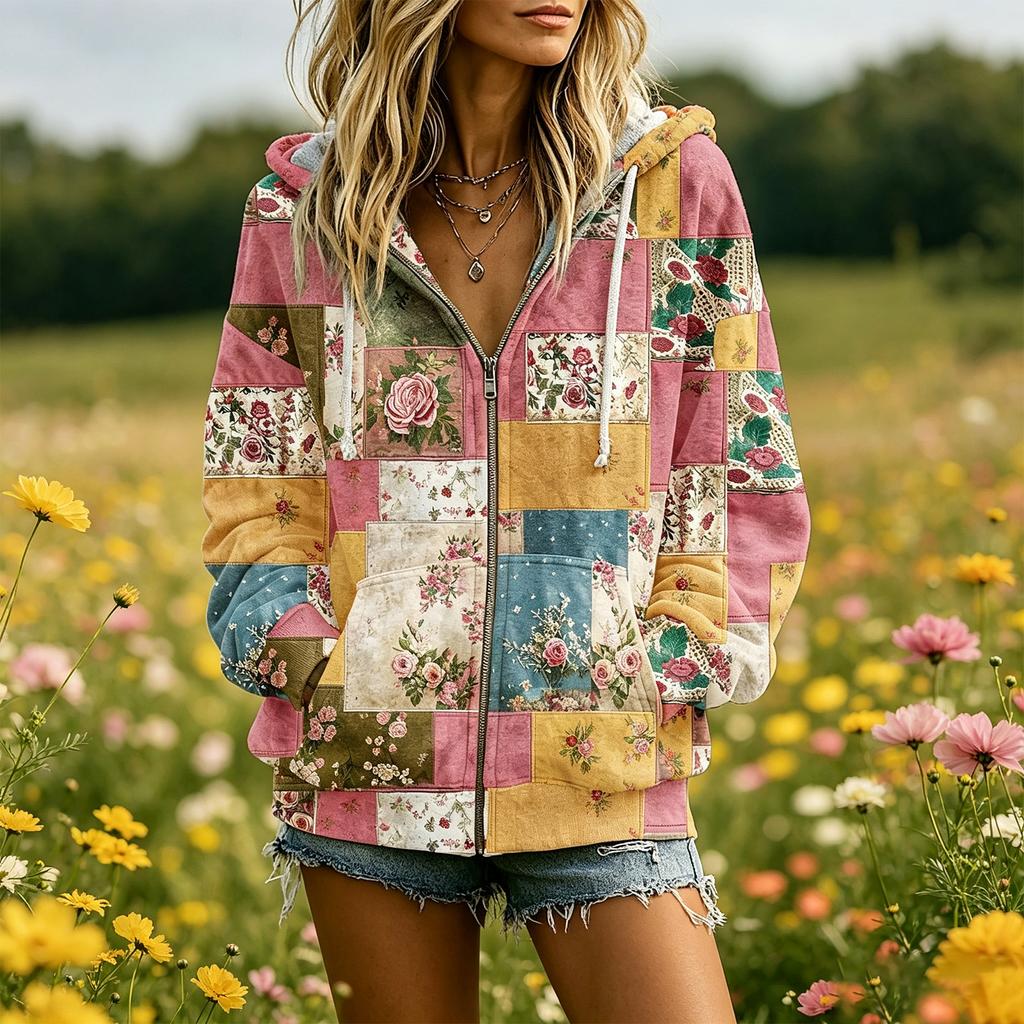 Women's Casual Hooded Sweatshirt with Zipper Pockets Printed Design