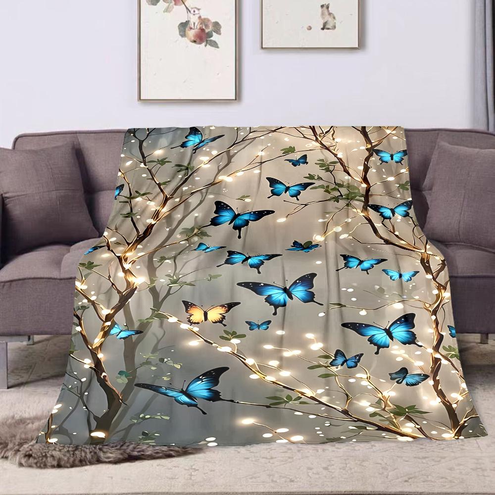Glowing Butterflies On Magical Trees Patterned Flannel Blanket Perfect for the Bedroom Living Room, Sofa, or a Little Nap