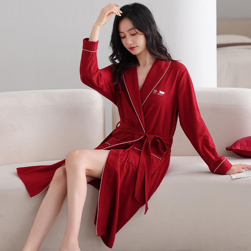 Couple Nightgown Women'S Spring And Autumn Pure Cotton Long-Sleeved Bathrobe Red Men'S Pajamas Couple Outfit
