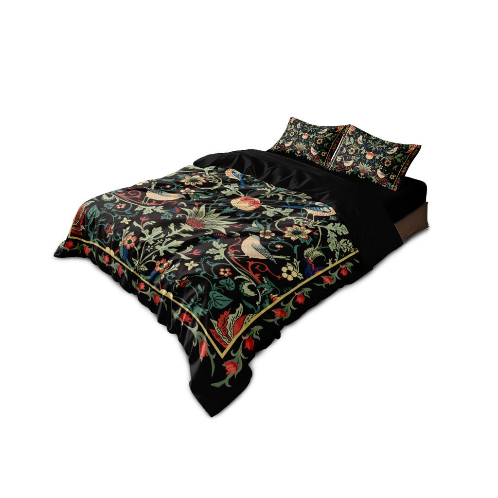 3pcs Black Retro Floral Print Coreless Duvet Cover Set Multi Size Bedroom Dormitory Soft and Comfortable Machine Washable