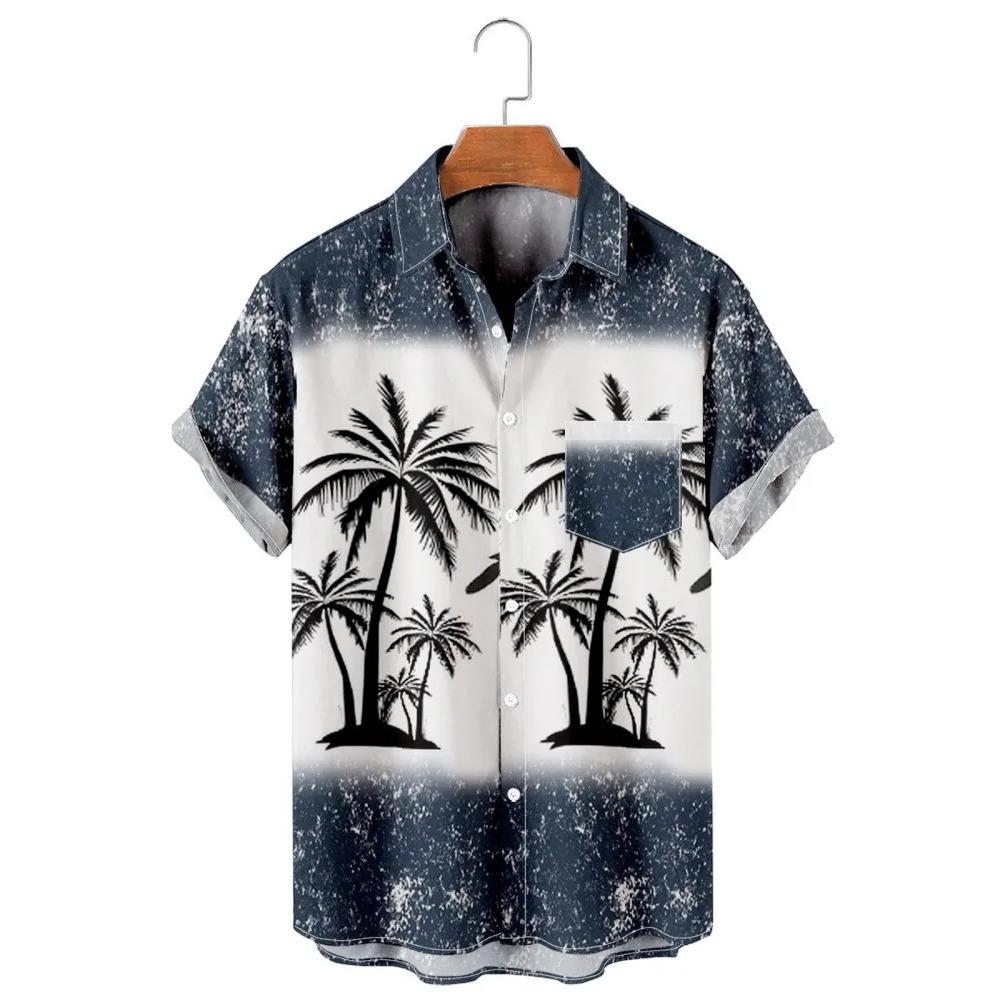 Camicia da uomo hawaiana a maniche corte con stampa, top alla moda con colletto, albero di cocco da spiaggia, nuova per il 2026 per uomo, abbigliamento floreale