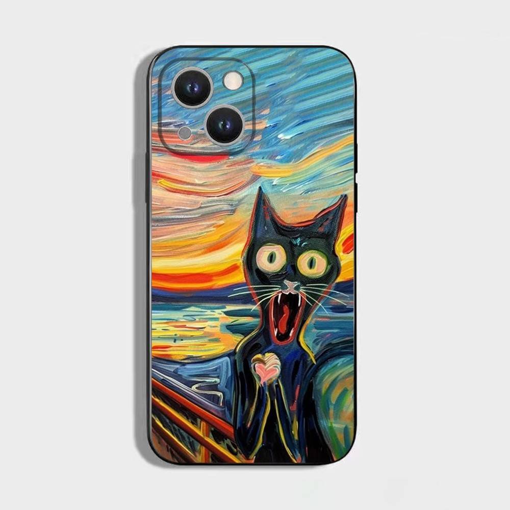 Abstract Art Black Cat Phone Case For iPhone 16,15,14,13,12,11 Plus,Pro Max,XS,X,XR,SE,Mini,8,7,Soft Silicone Black Cover
