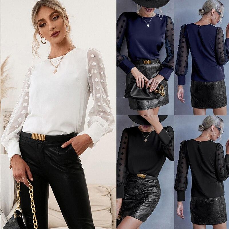 Elegant Mesh See Through Long Sleeve Shirts Women Casual White Chiffon Blouse O Neck Tops Ladies Womens Clothes Blusas 24755