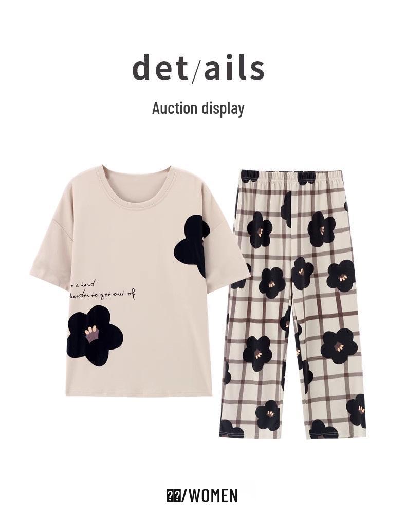 Women's Summer Plaid Capri Pants and Short-Sleeve Top Set - Plus Size Literary Style Homewear