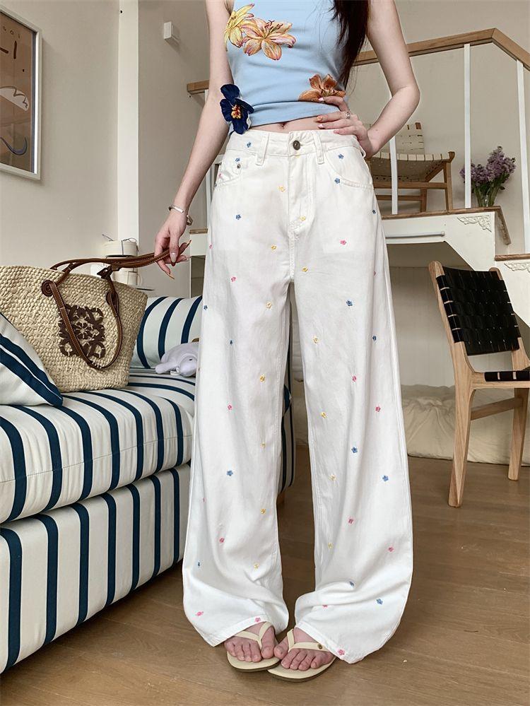 

Удобные винтажные джинсы с широкими штанинами и вышивкой мелких цветов для женщин, ранняя осень, высокая посадка, свободные, облегающие, прямые брюки, джинсы для женщин, длинные джинсовые брюки 4XL