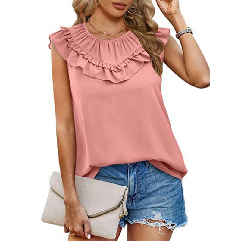 Sommer T-skjorte for kvinner med rund hals Plissert treørekant collage Ermeløs T-skjorte Tank Top Vest