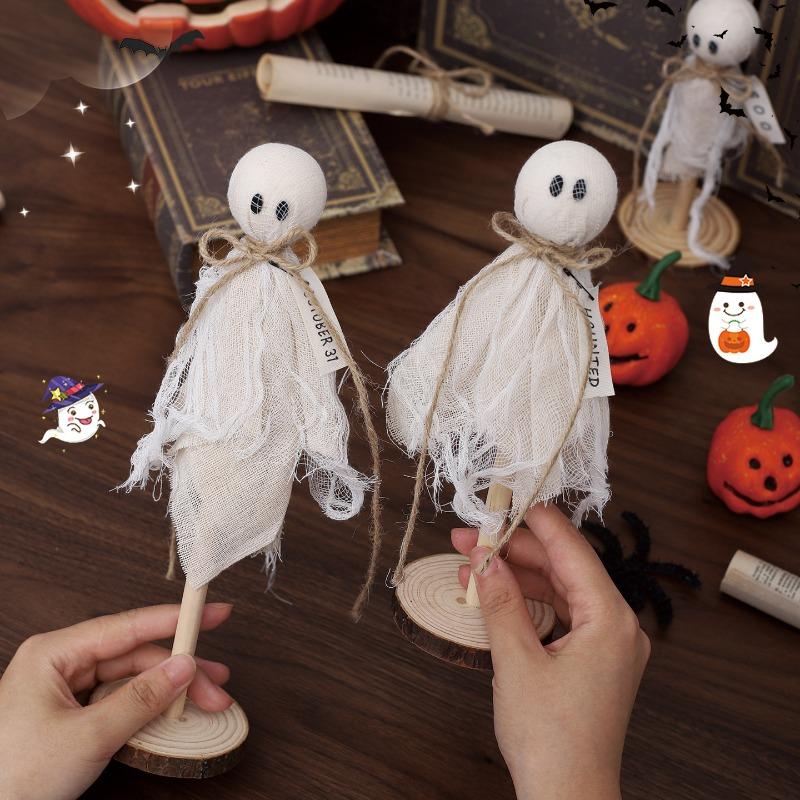 Halloween Decorations Indoor - Set of 3 Primitive Halloween Ghosts Dector on Wooden Stand for Table Centerpieces, Shelves