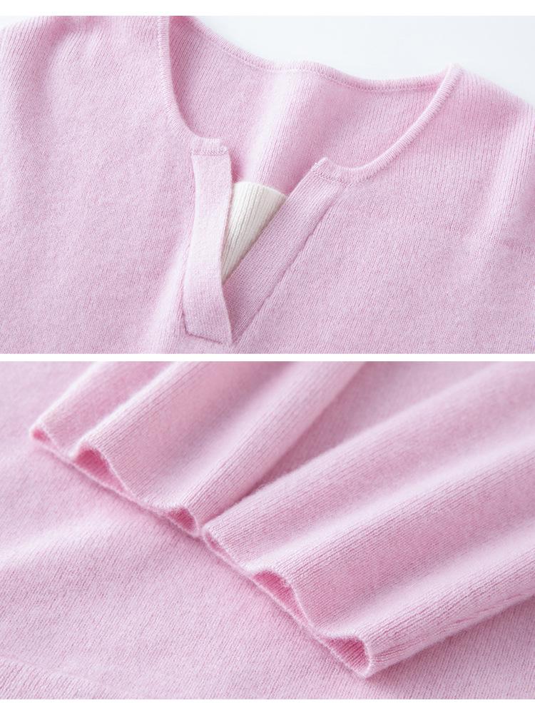 Women's Loose V-Neck Spliced Cashmere Sweater with Contrasting Colors