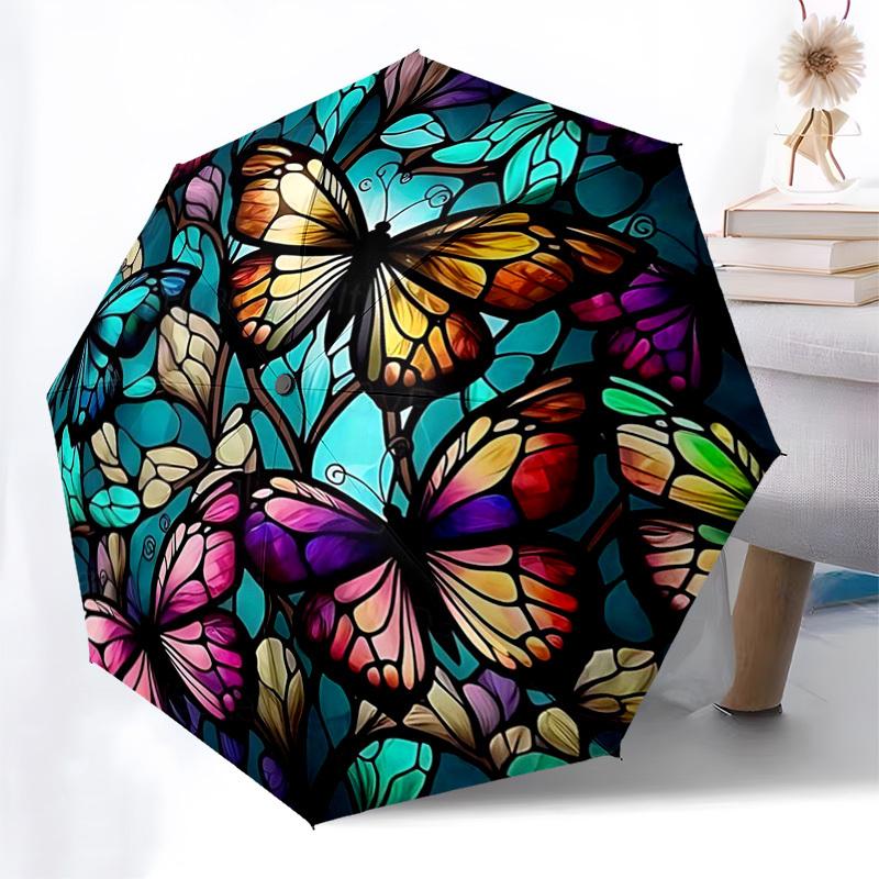 

1pc Stained Glass Butterfly Design Automatic Folding Umbrella - Portable 3-Fold Design with 8-Bone Iron Frame, Outdoor for Fans, Travelers, Daily Use,
