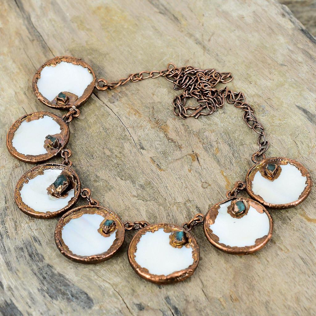 Mother Of Pearl Necklace Electroformed Copper Necklace Handmade Natural Gemstone Jewelry Adjustable Chain Necklace Aquamarine Rough Necklace