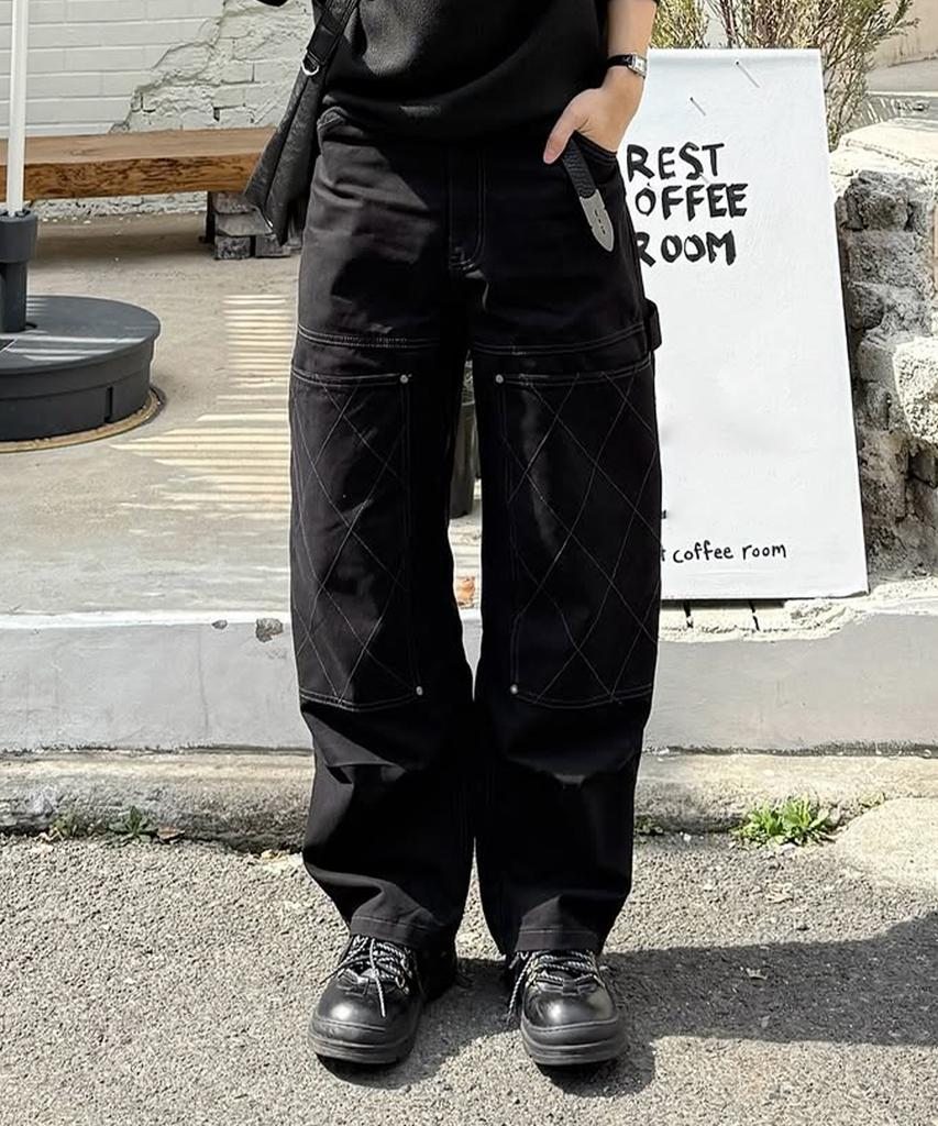 INTEMPOMOOD Honeycomb Double Knee Work Pants_Black