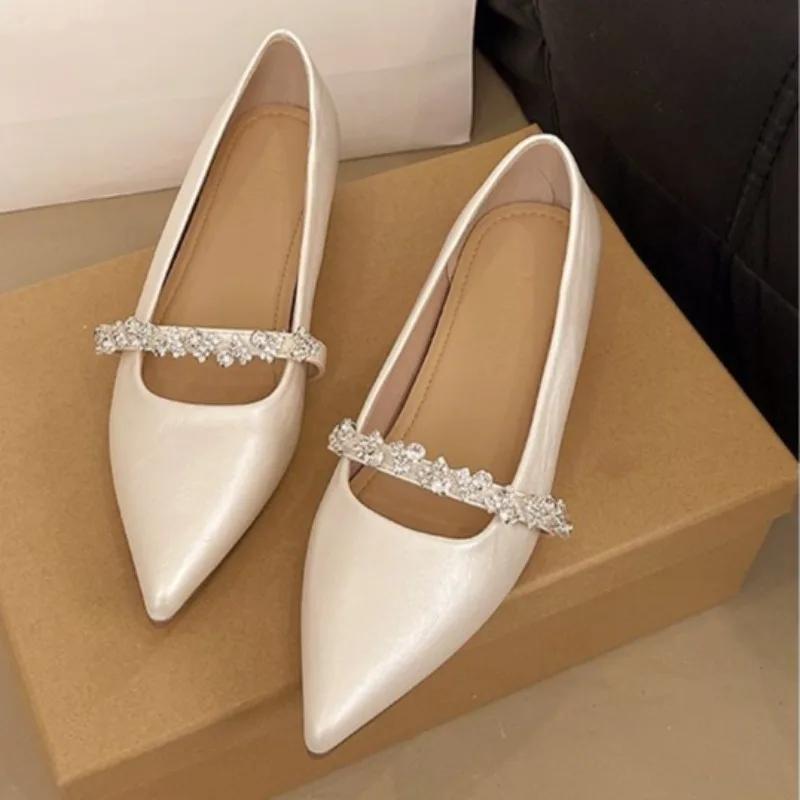 Single Shoes Women's New Summer New Shallow Mouth Gentle Retro Rhinestone with Skirt Heightened Pointed Toe Small Leather Shoes