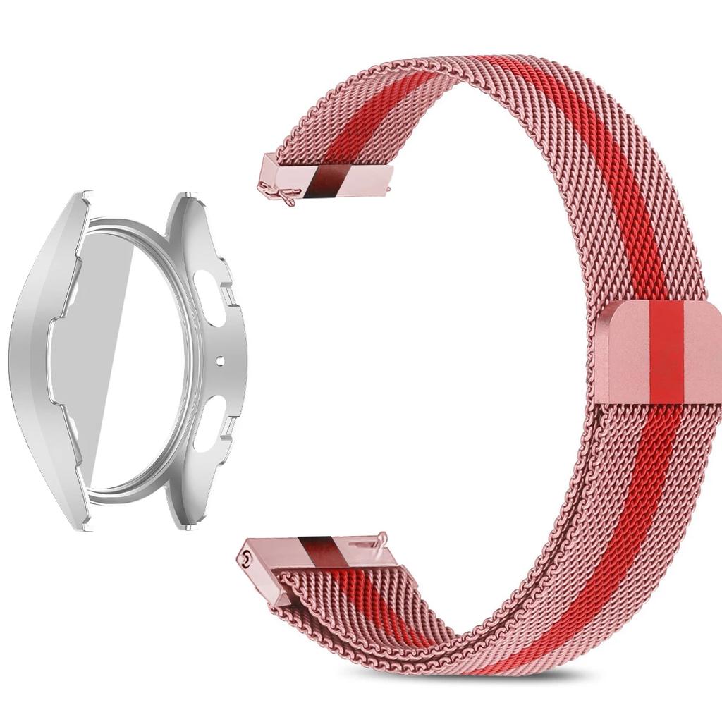 Coque PC + Bracelet Métal pour Samsung Galaxy Watch 7/6/5/4 44mm 40mm Bracelet Milanais Pare-chocs Protecteur en Verre Trempé Accessoires