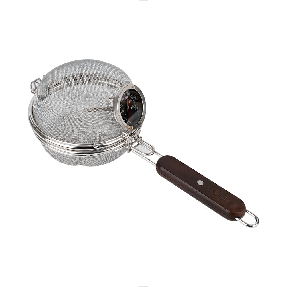 Stainless steel hand roaster with wooden handle, round, 14cm diameter, suitable for home use (includes cooking thermometer)