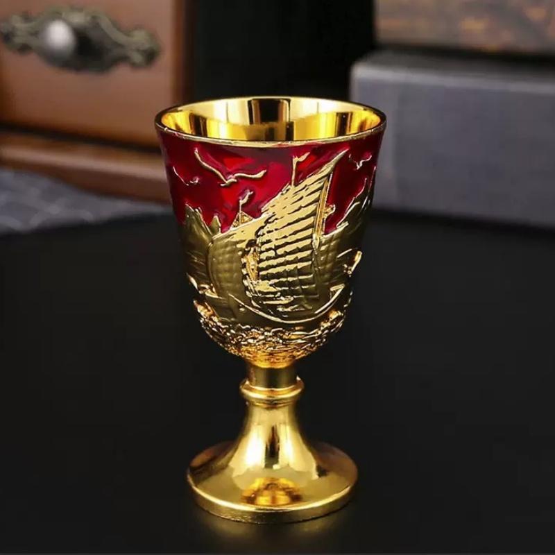 Holy Grail, Alloy Retro Relief Sailing Cup, European Portable Mini Vodka Glass, Creative Home Living Room Decoration Gift, 1pcs