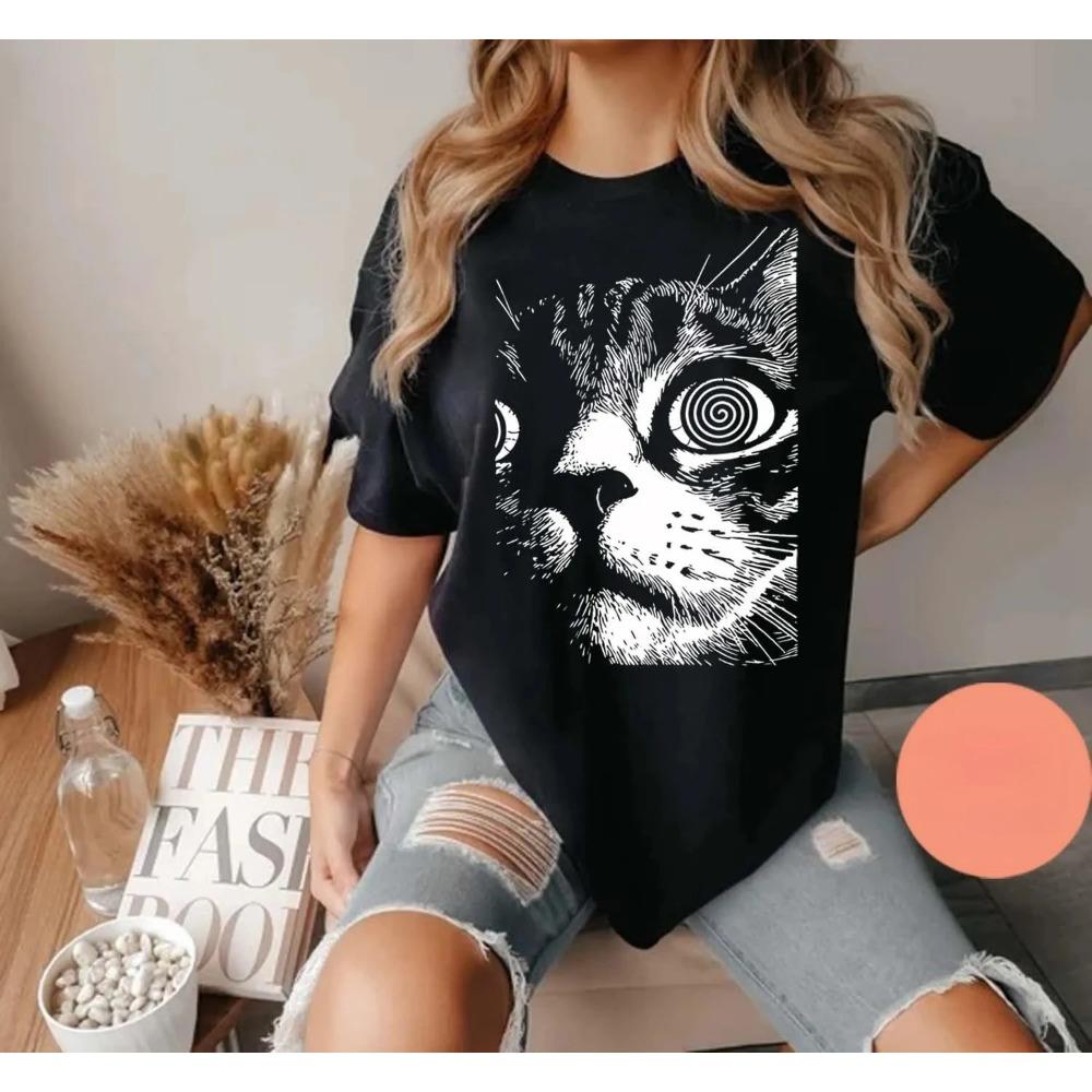 Summer Women Men Vintage Psychedelic Cat T-Shirt Cotton and Breathable Short Sleeve Streetwear Oversized Loose Casual S