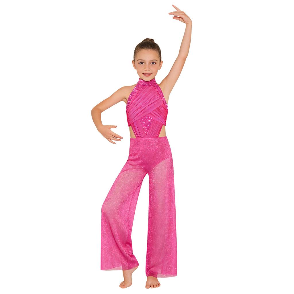 Tuta Larga da Ragazza Scollo all'Americana Senza Maniche Rucherata Rete Davanti Schiena con Laccetti Strass Costume da Ballo
