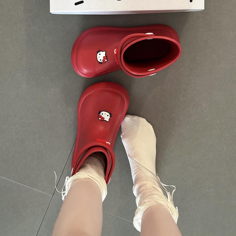 Cartoon solid color casual short boots Hello Kitty platform rain shoes women's summer fashion cute lazy one pedal rain boots