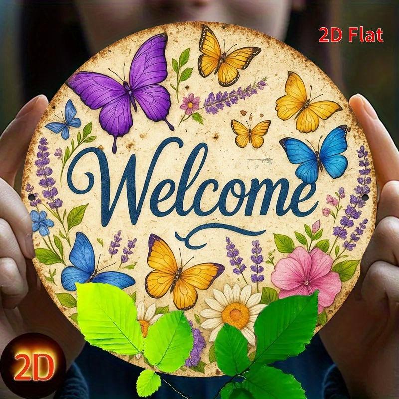 Welcome Butterfly Wreath Round Aluminum Metal Sign Perfect for Home Cottage Street Shop Garage Farm