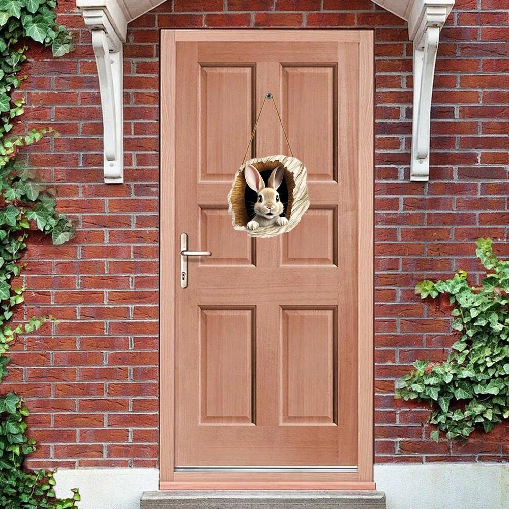 Easter Door Sign Wooden Rabbit Construction Door Sign Bunny Welcome Sign (A)
