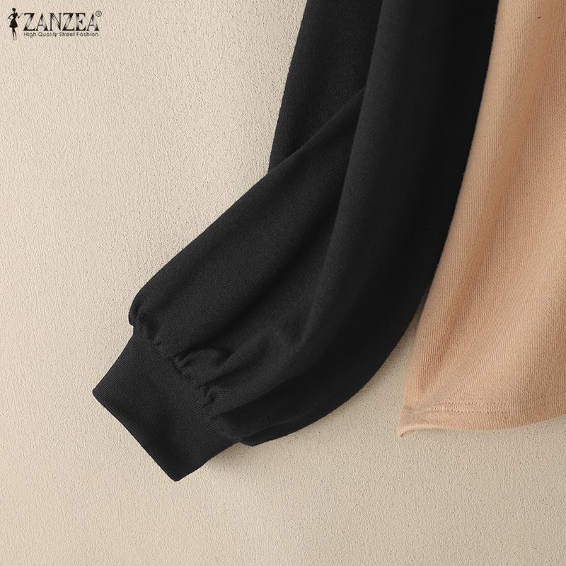 ZANZEA Women Casual Round Neck Long Sleeve Splice Tee Shirts