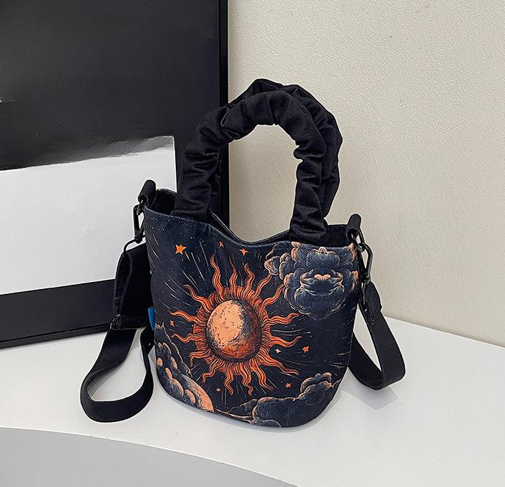 Plátěná taška s potiskem, dámská taška, nová trendy stylová taška přes rameno, taška přes rameno s kreslenou ilustrací, kbelík