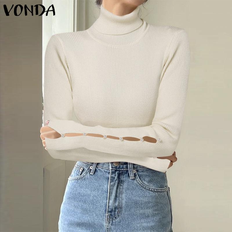 VONDA Women Winter Autumn High Neck Pearl Decorated Long Sleeve Striped Sweaters Undershirts