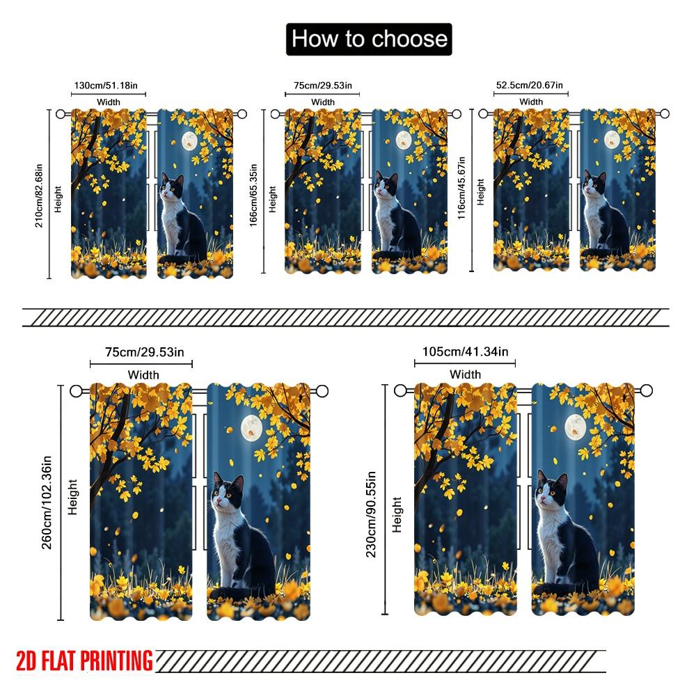 Set Of 2 Flat Printing Window Treatment Curtains Cats Staring Quiet Moonlight Polyester Fabric Without Electricity Festive Curtain