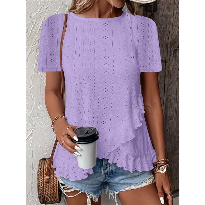 Women's Casual Hollow Out Ruffle Hem T-Shirt - Short Sleeve Round Neck Solid Color Top