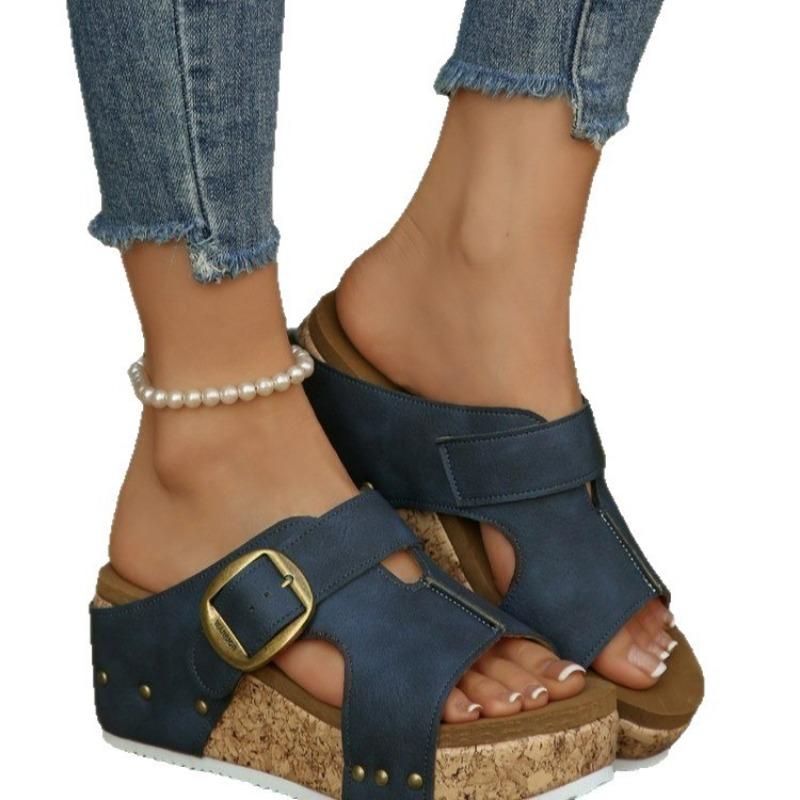 Large size wedge slippers women's summer new buttons decorative rivet slippers thick-bottomed cool slippers