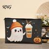 Cartoon Brush Holder Halloween Theme Cosmetic Bag, Durable Canvas Zipper Makeup Pouch, Digital Print Pouch Portable Storage for Stationery And